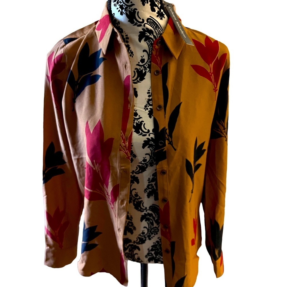 NWT Catherine Malandrino Floral Button-Up Shirt in Brown and Red, MRSP $68